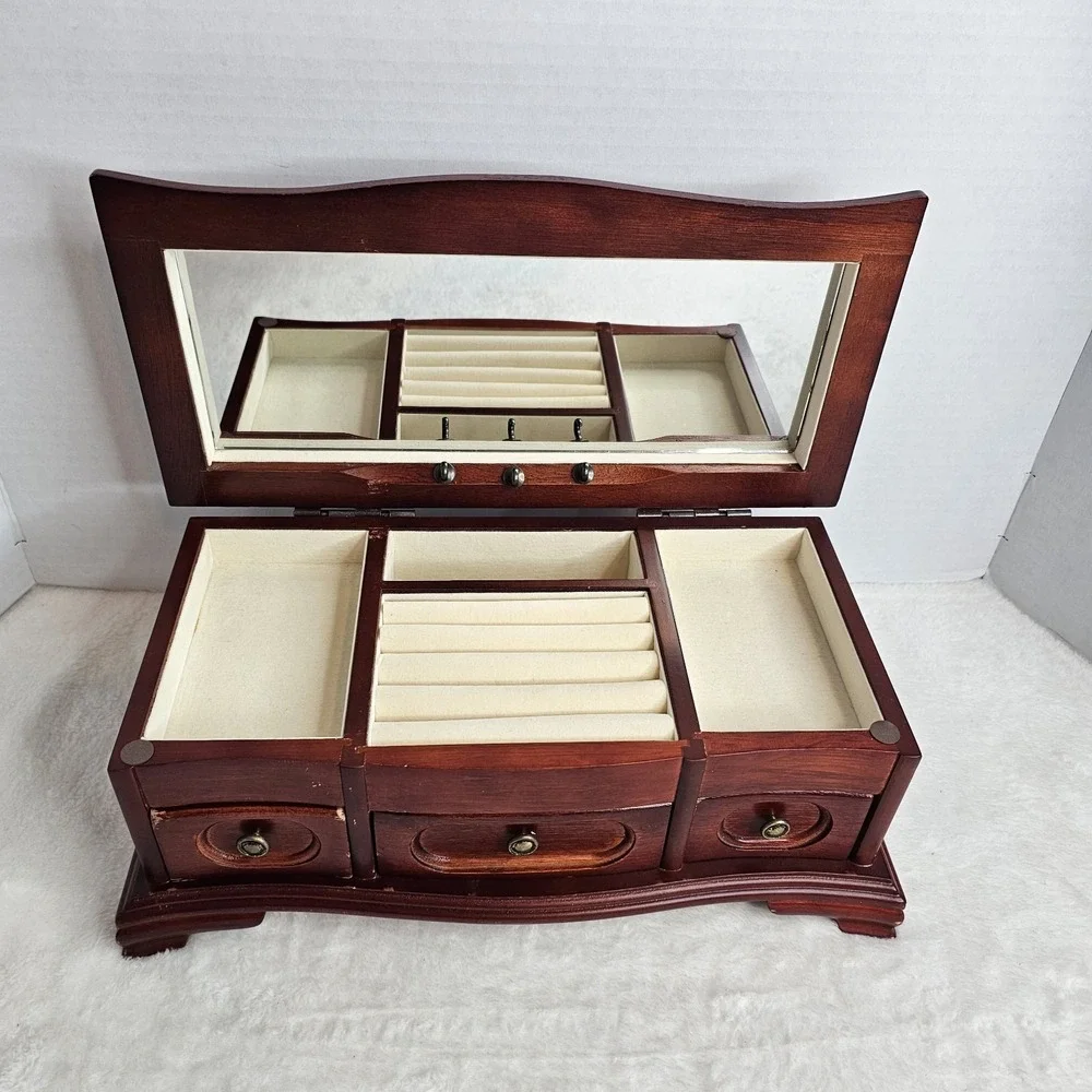 Brown Wood Rectangle Jewelry Box Organizer w/ Drawers, Ring Storage, 25+ pcs